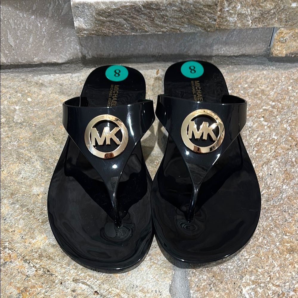 NEW Michael Kors, Lillie Black and Gold MK Logo Sandals - Picture 3 of 5